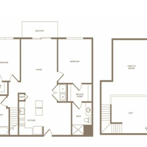 1347 square foot two bedroom two bath apartment loft floorplan image