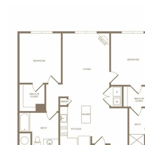 1200 to 1256 square foot two bedroom two bath apartment floorplan image