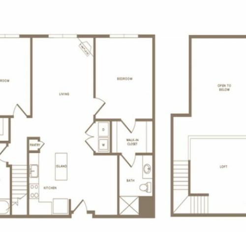 1368 square foot two bedroom two bath loft apartment floorplan image