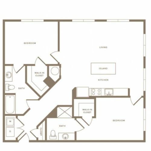 1200 to 1283 square foot two bedroom two bath apartment floorplan image
