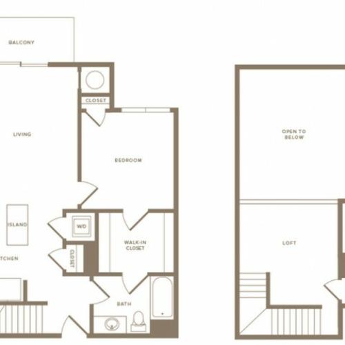 887 square foot one bedroom one bath loft apartment floorplan image