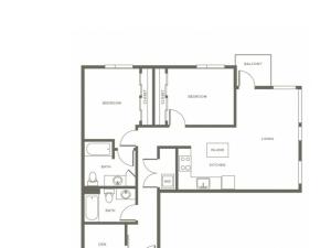 1051 square foot two bedroom two bath apartment floorplan image