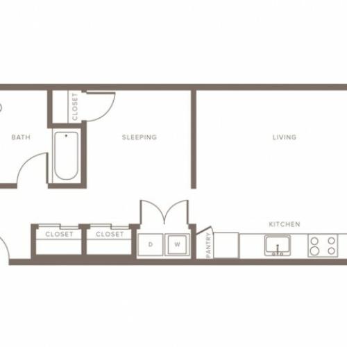 622 square foot MFTE Income Restricted one bedroom one bath apartment floorplan image