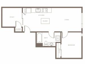 700 square foot one bedroom one bath with study apartment floorplan image