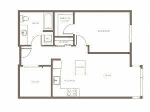 753 square foot one bedroom one bath with study apartment floorplan image