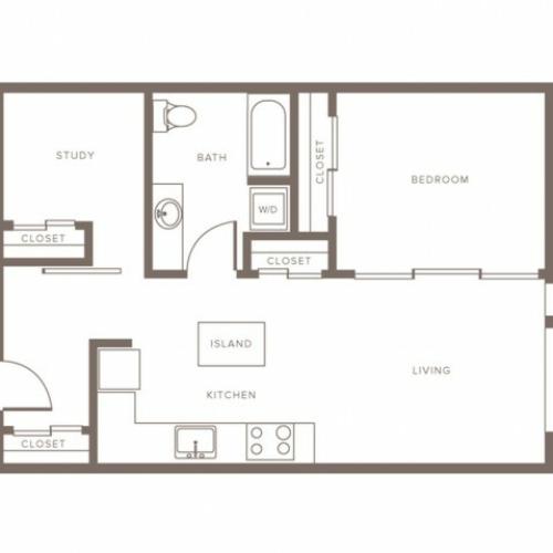 823 square foot one bedroom one bath with study apartment floorplan image