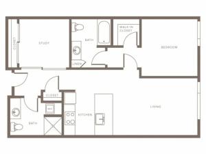 942 square foot one bedroom one bath with study apartment floorplan image