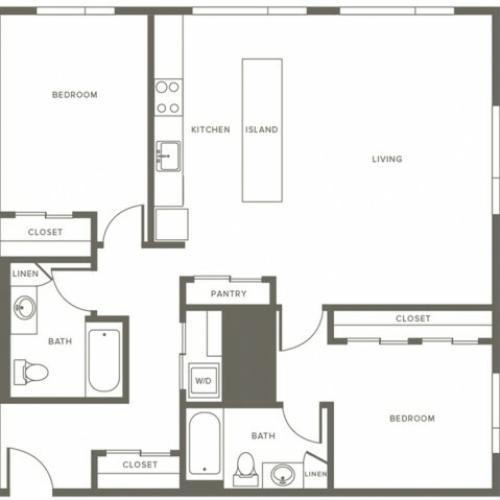 1037 square foot MFTE Income Restricted two bedroom two bath apartment floorplan image