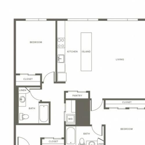 1028 square foot two bedroom two bath apartment floorplan image