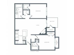 966 square foot two bedroom two bath apartment floorplan image