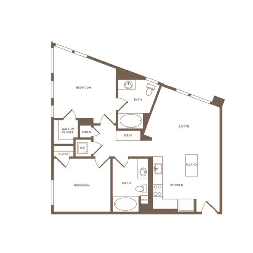 954 square foot two bedroom two bath floor plan image