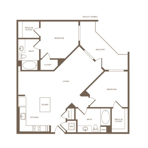 1076 square foot two bedroom two bath floor plan image