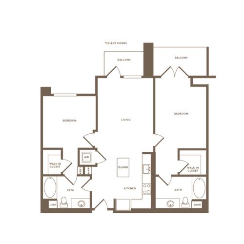1058-1068 square foot two bedroom two bath floor plan image