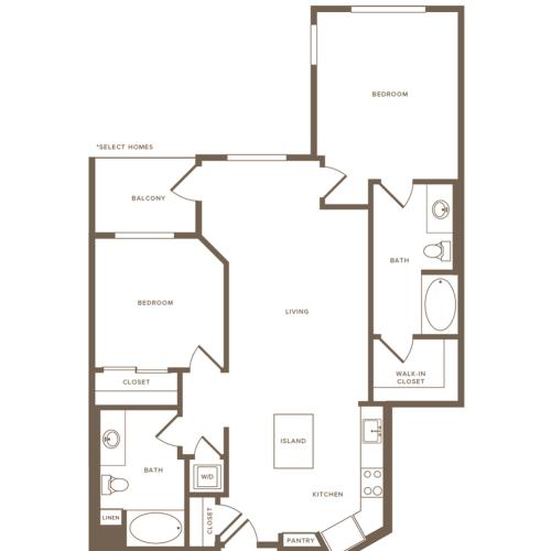 1093 square foot two bedroom two bath floor plan image