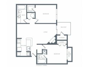 966 square foot renovated two bedroom two bath apartment floorplan image