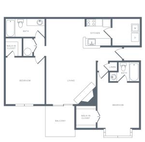 983 square foot renovated two bedroom two bath apartment floorplan image