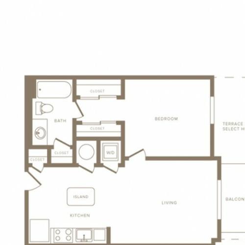 730 square foot one bedroom one bath phase II apartment floorplan image