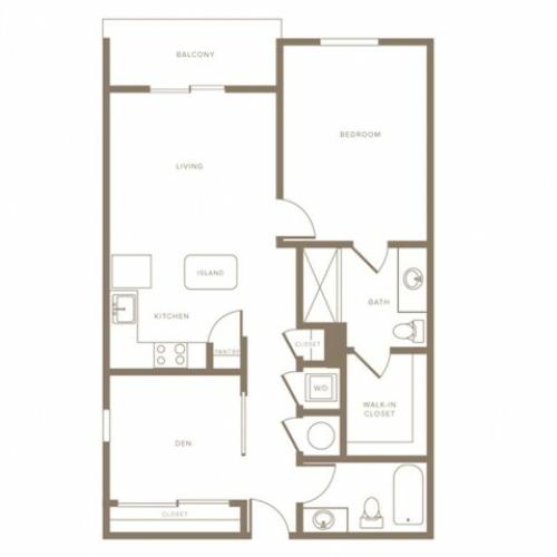 929 square foot one bedroom two bath with den phase II apartment floorplan image