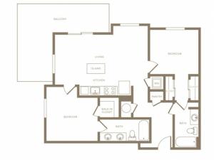 1093 square foot two bedroom two bath phase II apartment floorplan image
