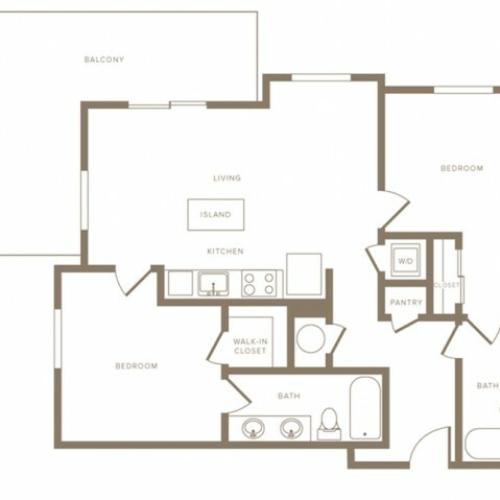 1093 square foot two bedroom two bath phase II apartment floorplan image