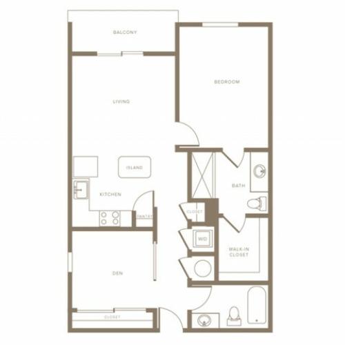 929 square foot one bedroom two bath apartment with den floorplan image