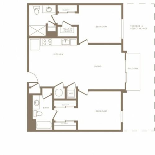 1090 square foot two bedroom two bath floorplan image