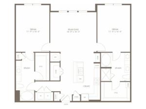 1385 square foot two bedroom two bath apartment floorplan image