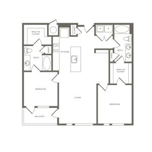 1120 square foot two bedroom two bath apartment floorplan image