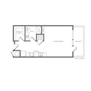 575 to 679 square foot studio one bath with balcony apartment floor plan image
