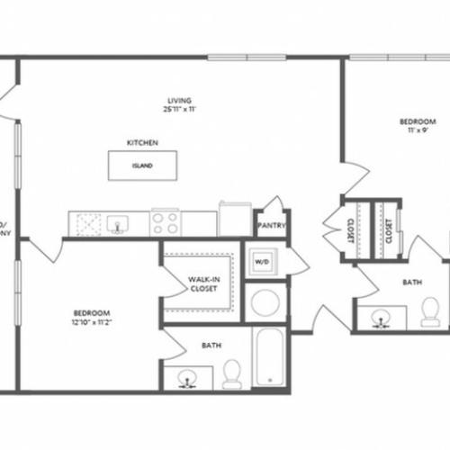 1031 square foot two bedroom two bath apartment floorplan image