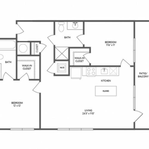 1009 square foot two bedroom two bath apartment floorplan image