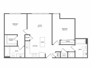 897 square foot two bedroom two bath apartment floorplan image