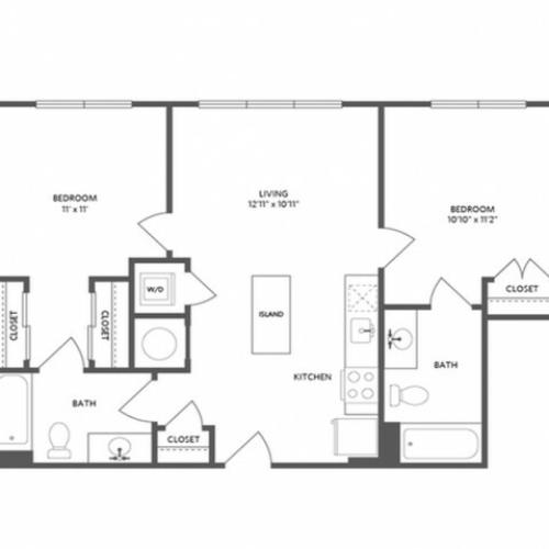 817 square foot two bedroom two bath apartment floorplan image