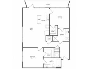 982 square foot two bedroom two bath apartment floorplan image