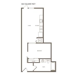 664 square foot one bedroom one bath floor plan image