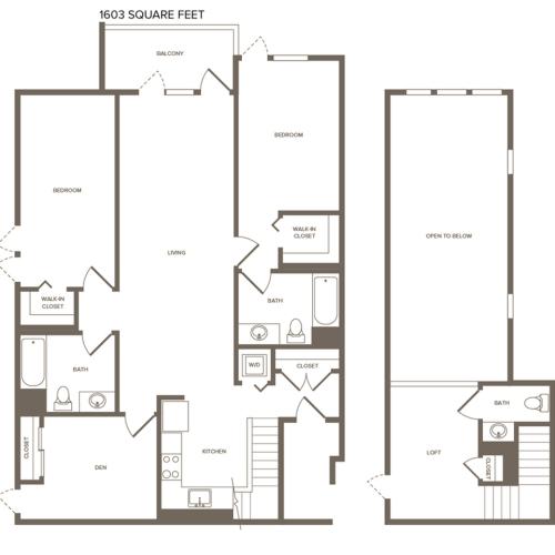 1603 square foot three bedroom two bath loft floor plan image