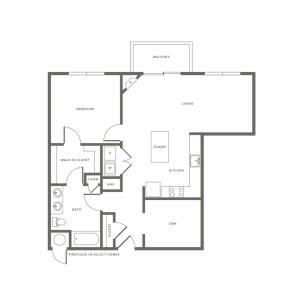 1021 square foot one bedroom one bath with den apartment floorplan image