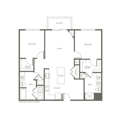 1212 square foot two bedroom two bath apartment floorplan image
