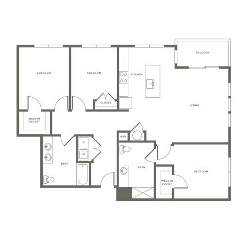 1497 square foot three bedroom two bath apartment floorplan image