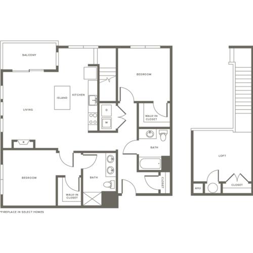 1360 square foot two bedroom two bath loft apartment floorplan image