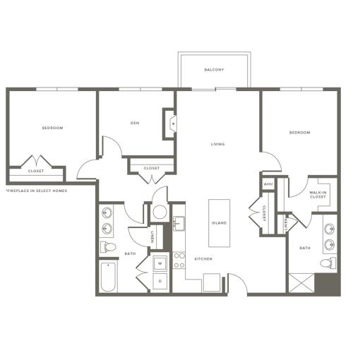 1422 square foot two bedroom two bath with den apartment floorplan image
