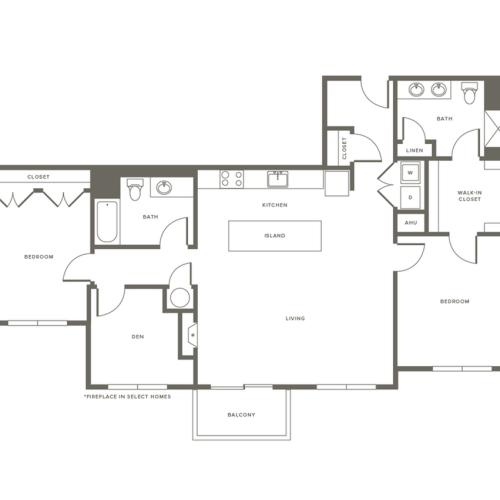 1529 square foot two bedroom two bath with den apartment floorplan image