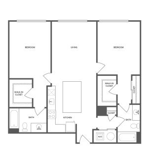 1112 square foot two bedroom two bath apartment floorplan image
