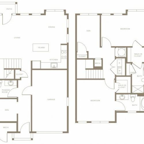 1495 to 1572 square foot two bedroom two and a half bath townhome floorplan image