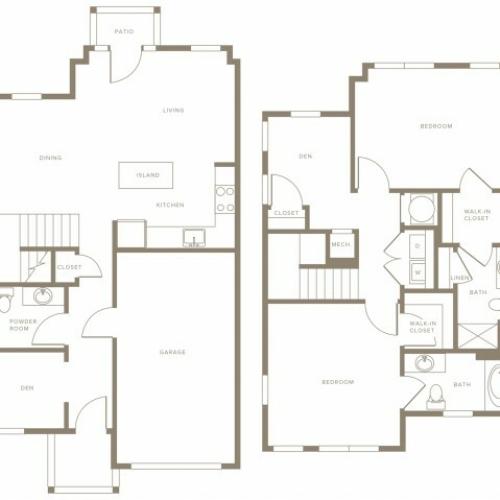 1492 to 1575 square foot two bedroom two and a half bath with den townhome floorplan image