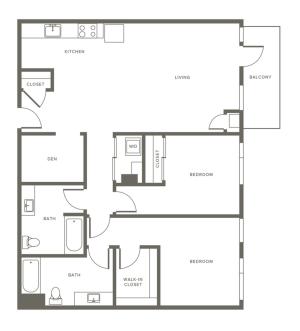 1208 square foot two bedroom two bath with den and balcony apartment floorplan image