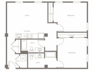1062 square foot two bedroom two bath apartment floorplan image