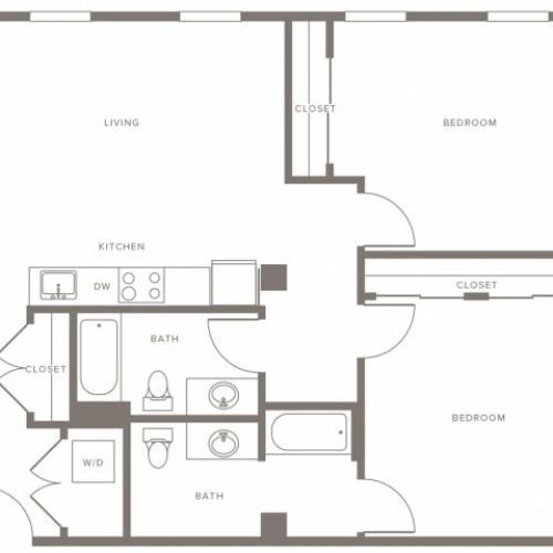 1062 square foot two bedroom two bath apartment floorplan image