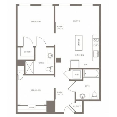 840 square foot two bedroom two bath apartment floorplan image
