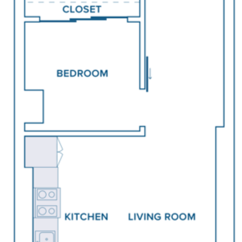 571-575 square foot one bedroom one bath apartment floorplan image